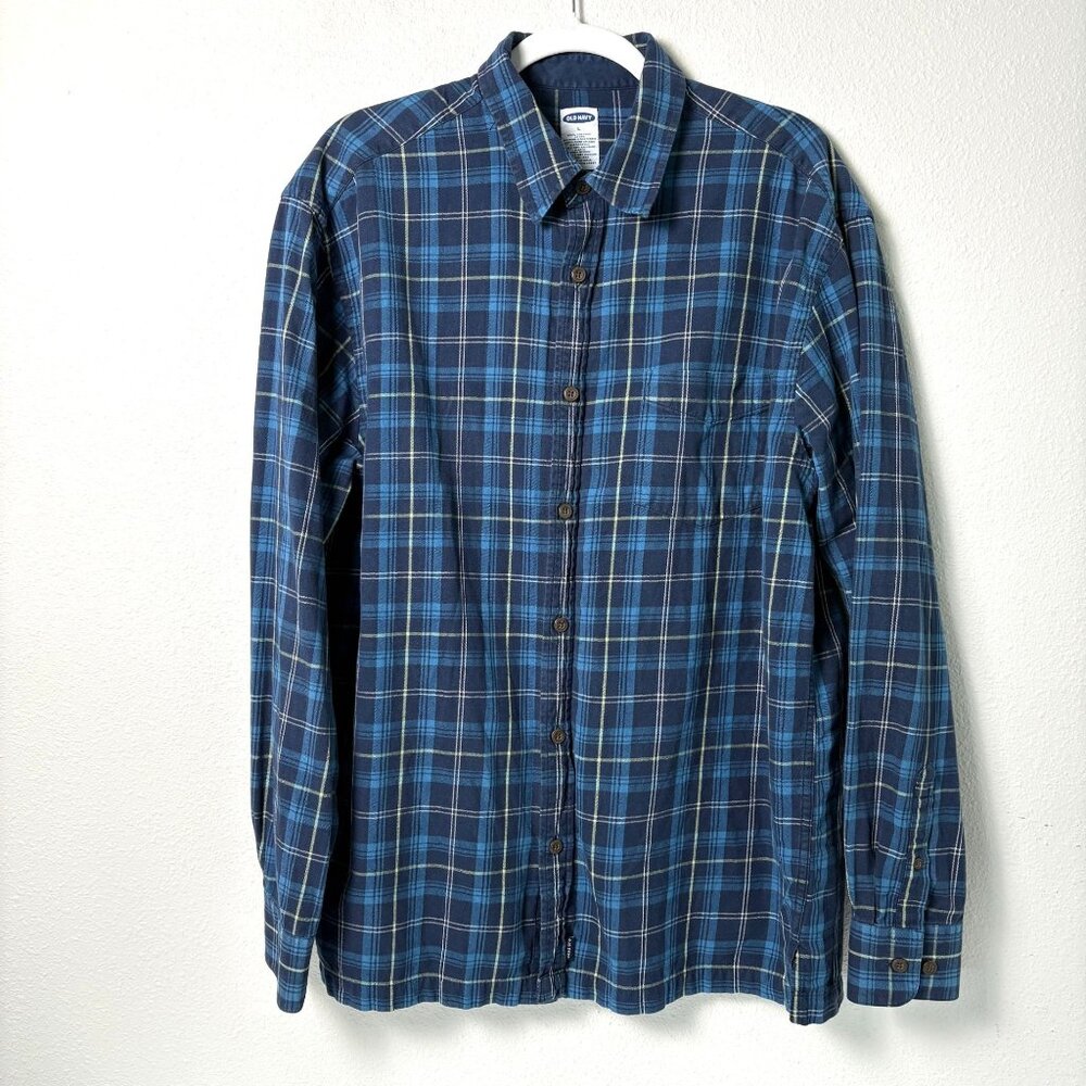 Old Navy Button Down Shirt Mens Size L Blue Plaid 100% Cotton Long Sleeve Vintag
